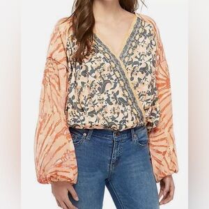 Free People Orange and Blue Floral Top